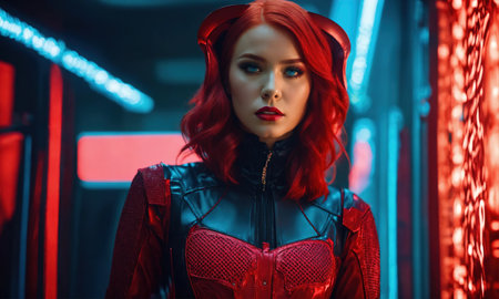 Portrait of a beautiful girl with bright make-up and red headdress. ai generative.の素材