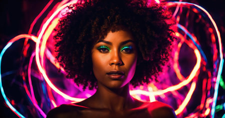 Beautiful african american woman with afro hairstyle and outlined in light. ai generative.の素材