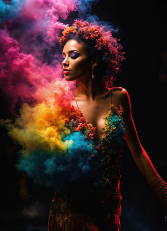Beautiful young woman with colorfull hair in colorful smoke. ai generative.の素材