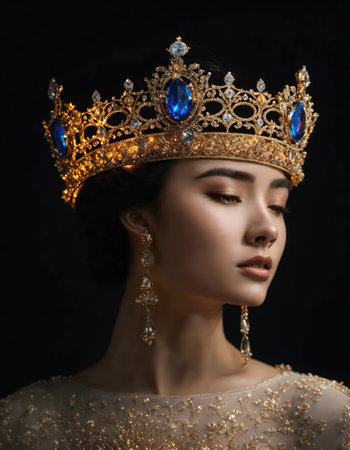 Portrait of beautiful young woman in crown. Luxury makeup and hairstyle. ai generative.の素材
