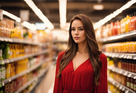 The beautiful woman is looking at the shelves to buy something from the supermarket. ai generative.の素材