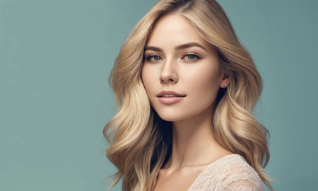 Portrait of a beautiful young woman with long blond hair on a solid color background. ai generative.の素材