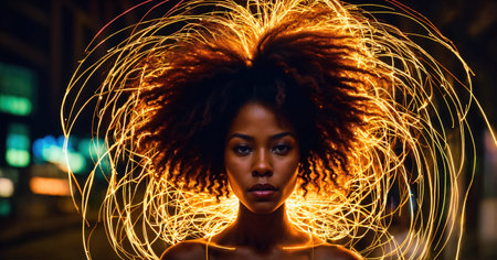 Beautiful african american woman with afro hairstyle and outlined in light. ai generative.の素材