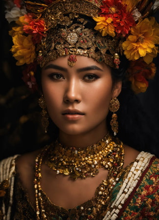 Beautiful young woman in a wreath of flowers dancing flamenco. ai generative.の素材