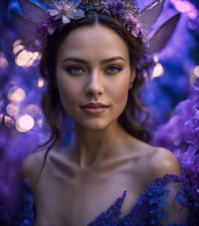 Beautiful young woman in a purple dress with make up and flowers. Beauty, fashion. ai generative.の素材