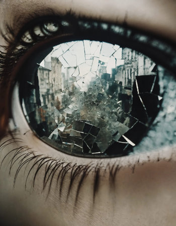 Close up shot of a beautiful woman's eye through broken glass. ai generative.の素材