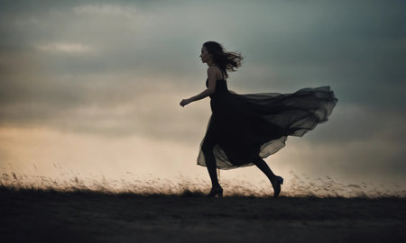 Blurry motion silhouette of a girl with long hair. ai generative.の素材