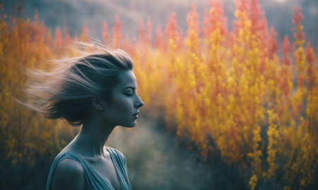 Blurry motion silhouette of a girl with long hair. ai generative.の素材