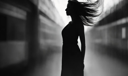 Blurry motion silhouette of a girl with long hair. ai generative.の素材