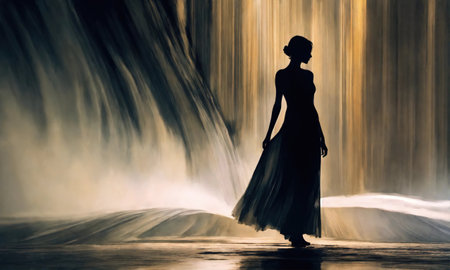 Blurry motion silhouette of a girl with long hair. ai generative.の素材