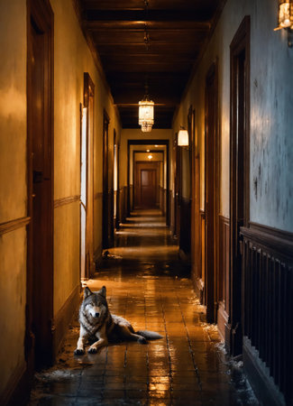 Portrait of a wolf in a dark corridor at night. ai generative.の素材