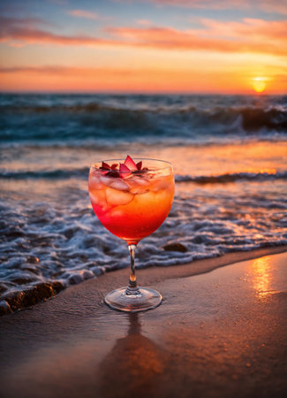Cocktail on the beach at sunset. Colorful summer background. ai generative.の素材