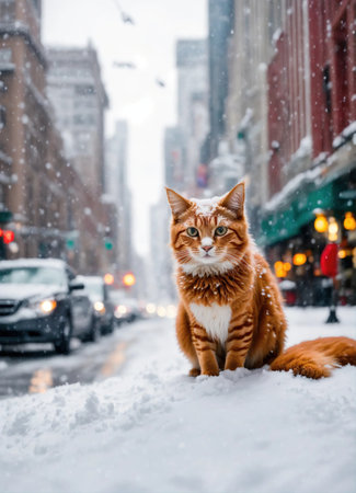 Ginger cat sitting on snow and looking at camera. Winter background. ai generative.の素材