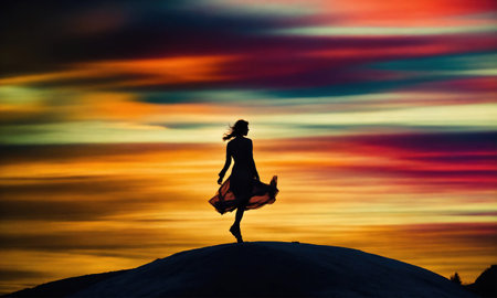 Blurry motion silhouette of a girl with long hair. ai generative.の素材