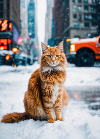 Ginger cat sitting on snow and looking at camera. Winter background. ai generative.の素材
