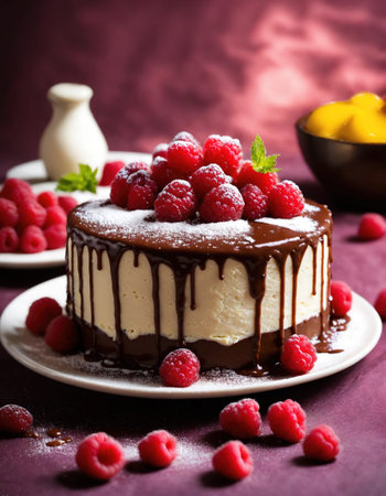 Chocolate cake with whipped cream and fresh fruits on a dark background. ai generative.の素材