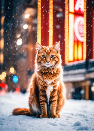 Ginger cat sitting on snow and looking at camera. Winter background. ai generative.の素材