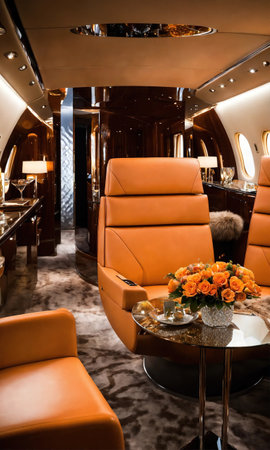 Interior of a luxury business jet airplane. Luxury travel. ai generative.の素材