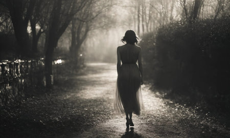 Blurry motion silhouette of a girl with long hair. ai generative.の素材