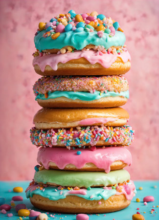 Variety of colorful donuts with sprinkles on blue background. ai generative.の素材