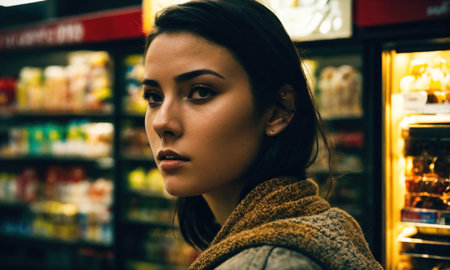 Beautiful young woman shopping in a grocery store, looking for food. ai generativeの素材