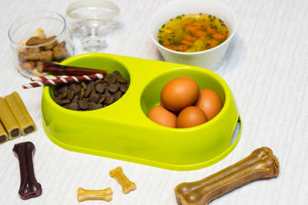 Preparing natural organic food for pets at home. Raw ingredients for pet food in bowlの写真素材
