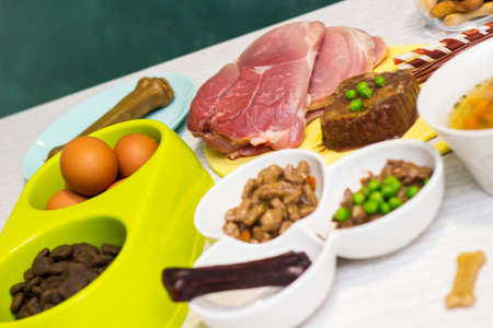 Preparing natural organic food for pets at home. Raw ingredients for pet food in bowlの写真素材