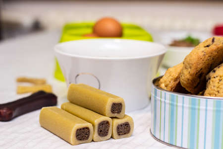 Preparing natural organic food for pets at home. Raw ingredients for pet food in bowlの写真素材