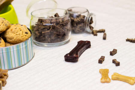 Dog treats spilling out of bowl. Dog treats and biscuitsの写真素材