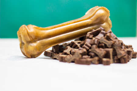 Dog bone for chewing on a green backgroundの写真素材