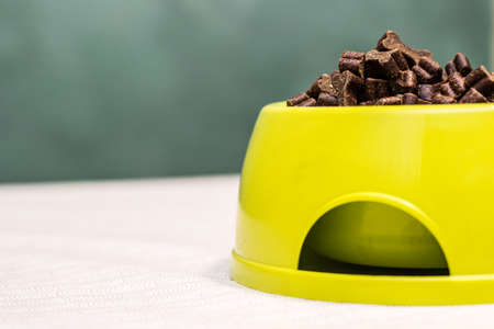 Bowl full of dog food over table. Dog tasty biscuitsの写真素材