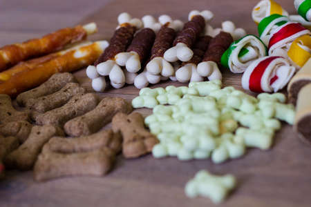 Dog tasty colored biscuits on wooden background, snacks for dogs. Healthy dry pet food conceptの写真素材