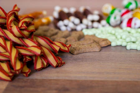 Dog tasty colored biscuits on wooden background, snacks for dogs. Healthy dry pet food conceptの写真素材