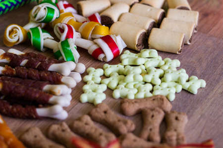 Dog tasty colored biscuits on wooden background, snacks for dogs. Healthy dry pet food conceptの写真素材