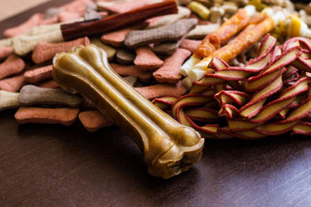 Dog tasty colored biscuits on wooden background, snacks for dogs. Healthy dry pet food conceptの写真素材