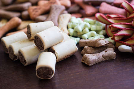 Dog tasty colored biscuits on wooden background, snacks for dogs. Healthy dry pet food conceptの写真素材