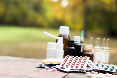 Colorful pills and capsules on wooden table, nature bokeh background