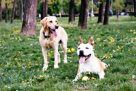 Happy dog friends playing in the park