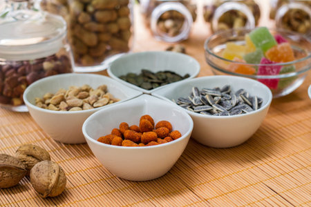 Collection of Jelly and nuts. A collection of different nuts. Legume family