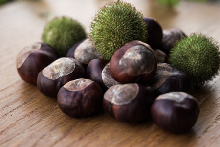 Raw Chestnuts on a rustic wooden background