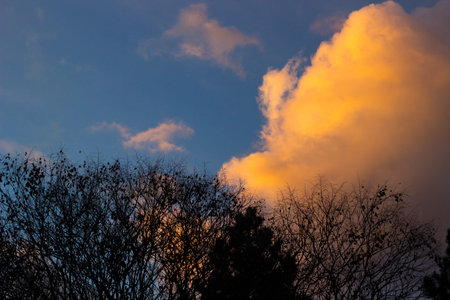 Beautiful sky with white clouds background. Light cumulus clouds in the blue sky. Wide photo.