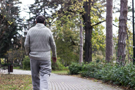Senior man walking and relaxing in park. Walking away, relaxing, rear viewの写真素材