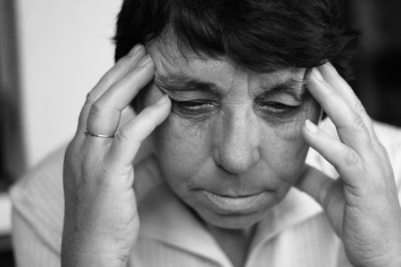Older women with problems, holding his headの写真素材