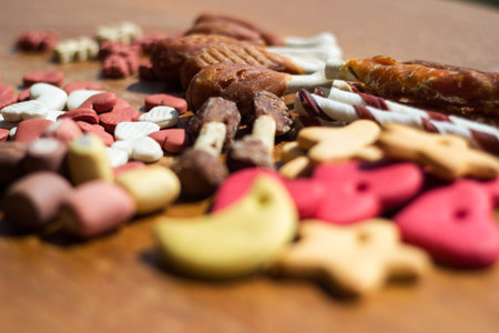 Dog tasty colored biscuits on wooden background