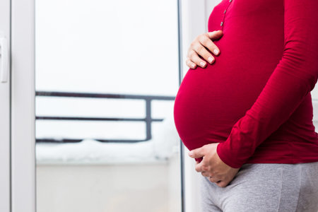 Pregnant beautiful woman holds hands on belly at home interiors. Resting at the home