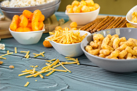 Beer salty snacks on wooden tableの写真素材