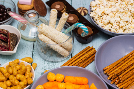 Table of salty and sweet snacks. Large group of unhealthy foodの写真素材