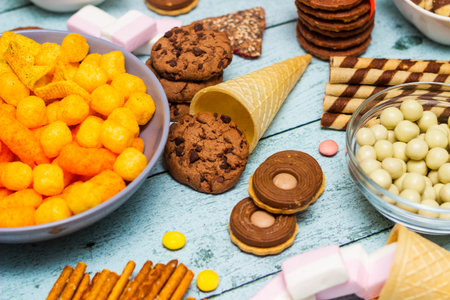 Salty and sweet snacks. Table of salty and sweet snacks. Large group of unhealthy food