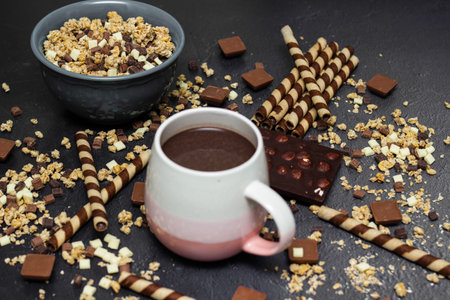 Chocolate granola cereals with chocolate milk and waffle rolls