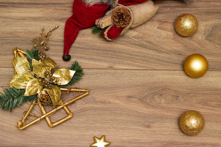 Holiday decorations on wood backgroundの写真素材